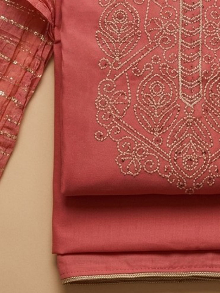 Peach Embroidered Cotton Blend Unstitched Suit &amp; Pant With Cotton Dupatta