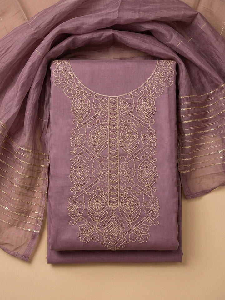 Purple Embroidered Cotton Blend Unstitched Suit &amp; Pant With Cotton Dupatta