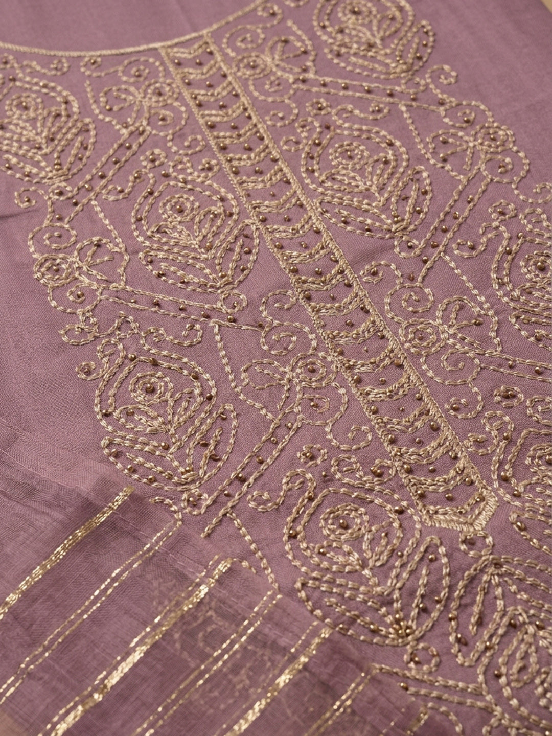 Purple Embroidered Cotton Blend Unstitched Suit &amp; Pant With Cotton Dupatta
