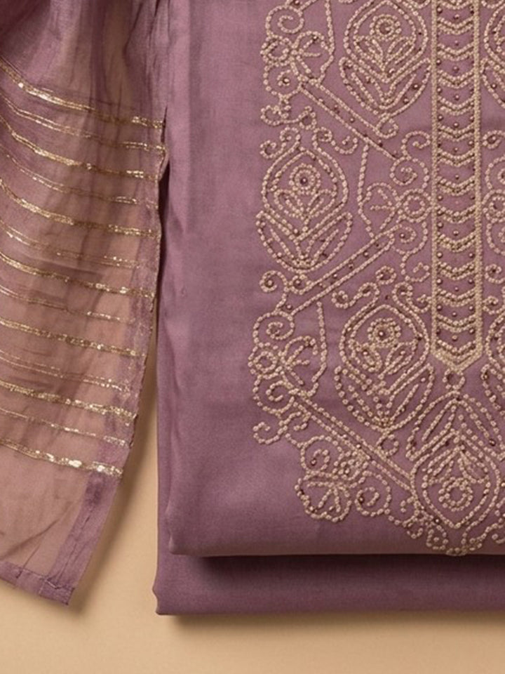 Purple Embroidered Cotton Blend Unstitched Suit &amp; Pant With Cotton Dupatta