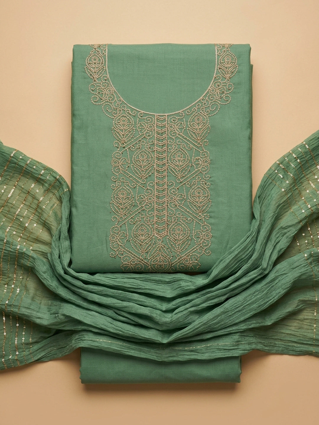 Rama Green Embroidered Cotton Blend Unstitched Suit &amp; Pant With Cotton Dupatta