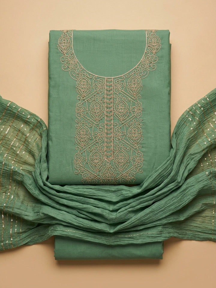 Rama Green Embroidered Cotton Blend Unstitched Suit &amp; Pant With Cotton Dupatta