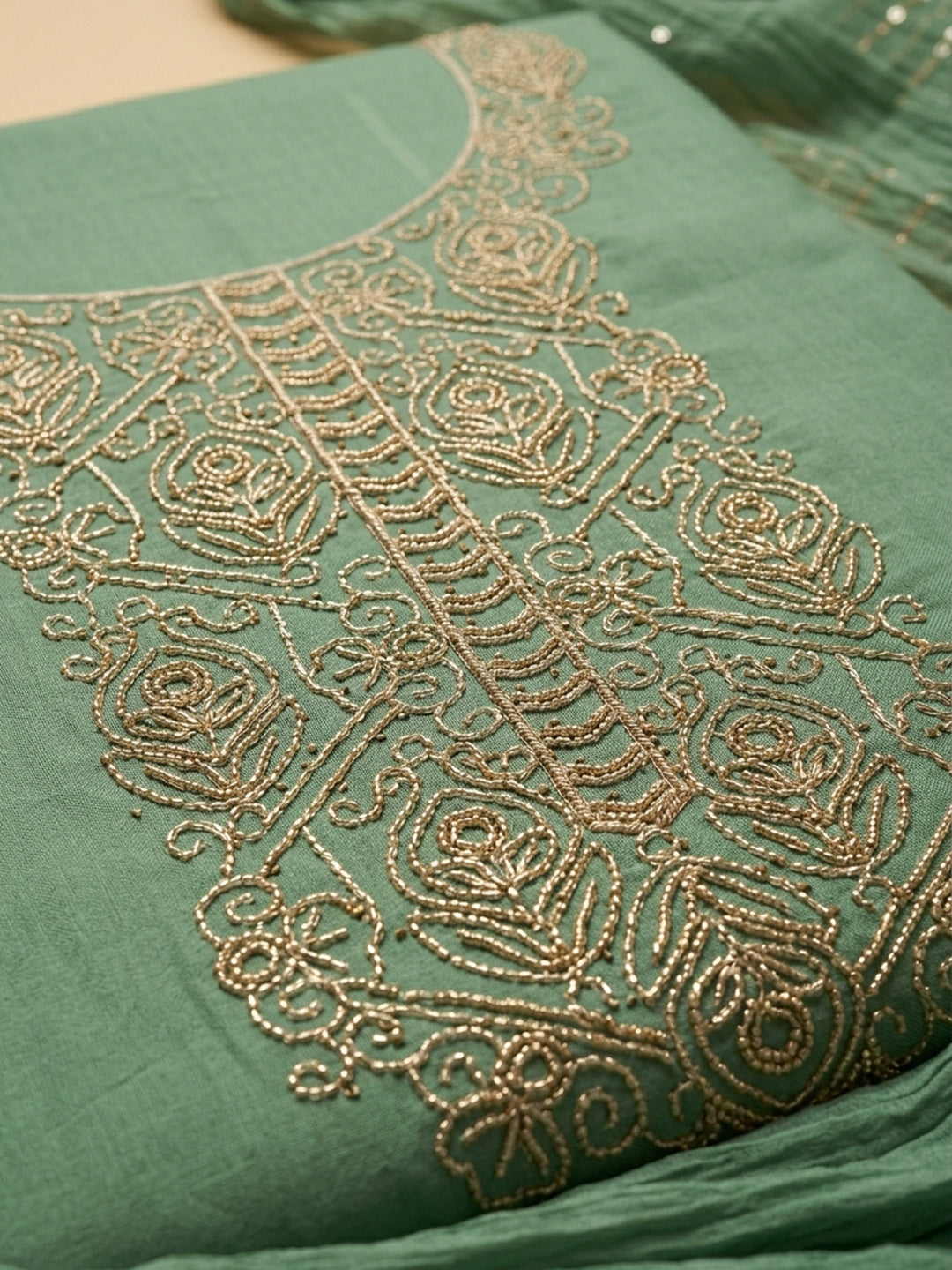 Rama Green Embroidered Cotton Blend Unstitched Suit &amp; Pant With Cotton Dupatta