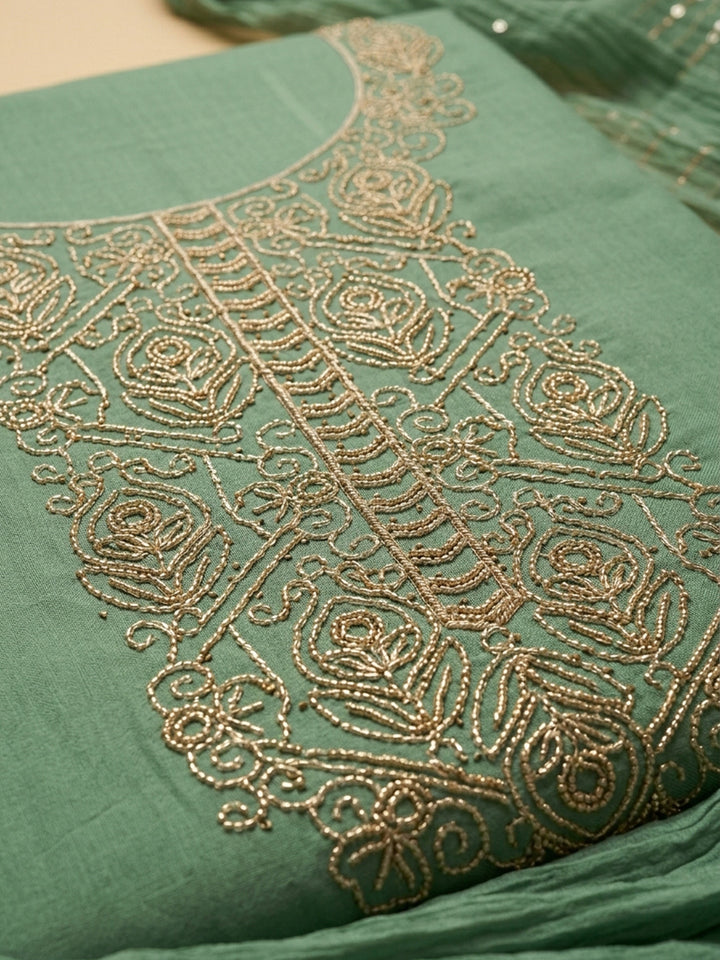Rama Green Embroidered Cotton Blend Unstitched Suit &amp; Pant With Cotton Dupatta