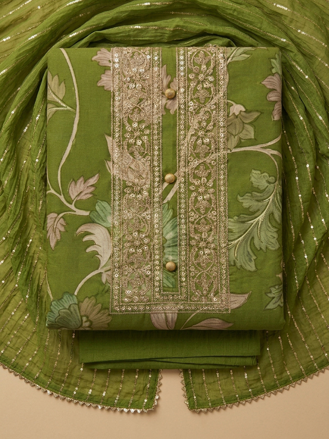 Green Embroidered Cotton Blend Unstitched Suit &amp; Pant With Cotton Dupatta
