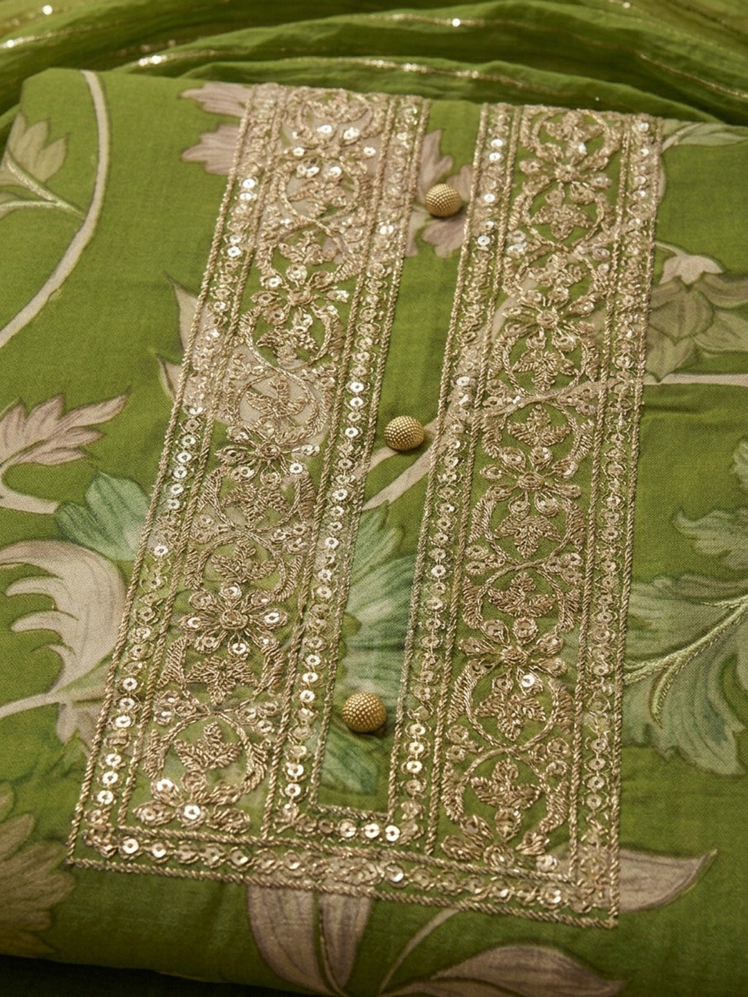 Green Embroidered Cotton Blend Unstitched Suit &amp; Pant With Cotton Dupatta