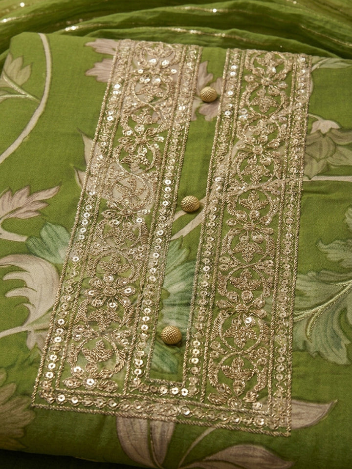 Green Embroidered Cotton Blend Unstitched Suit &amp; Pant With Cotton Dupatta