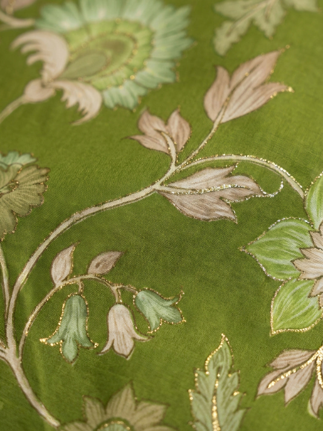 Green Embroidered Cotton Blend Unstitched Suit &amp; Pant With Cotton Dupatta