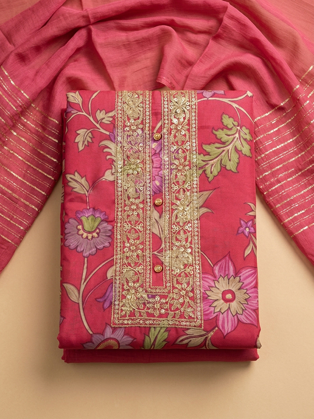 Pink Embroidered Cotton Blend Unstitched Suit &amp; Pant With Cotton Dupatta