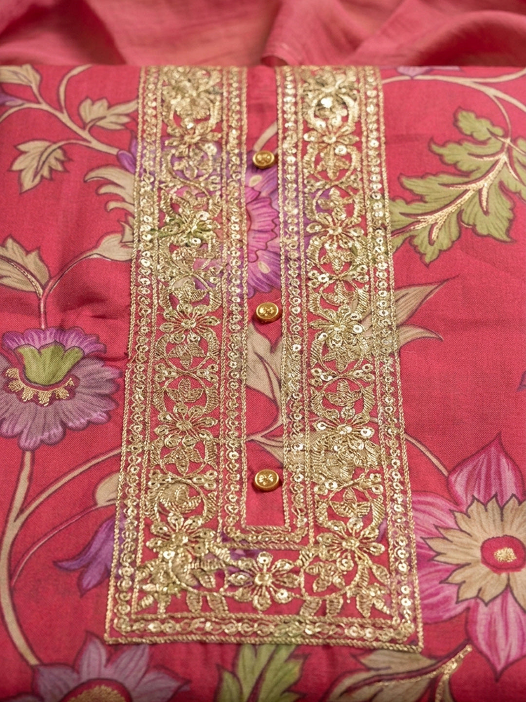 Pink Embroidered Cotton Blend Unstitched Suit &amp; Pant With Cotton Dupatta