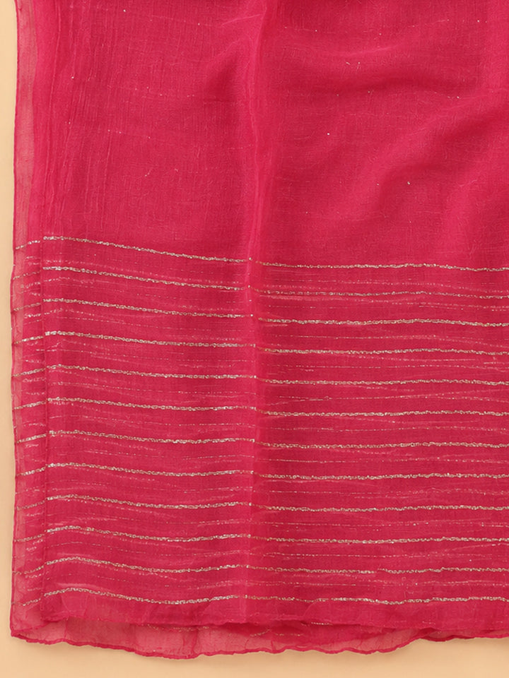 Pink Embroidered Cotton Blend Unstitched Suit &amp; Pant With Cotton Dupatta