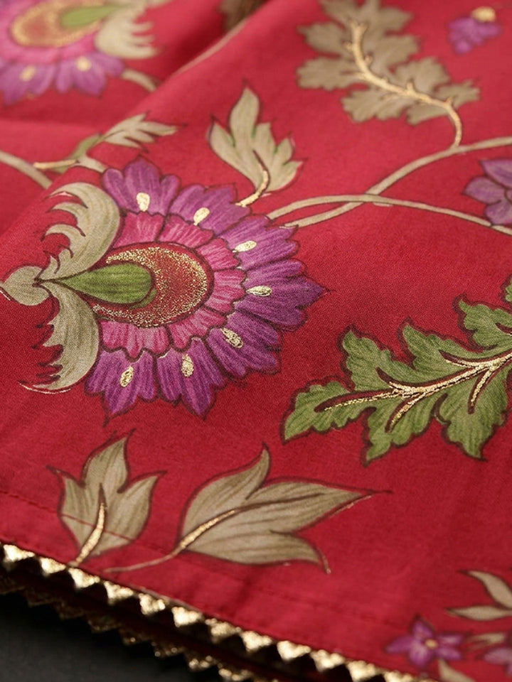 Pink Embroidered Cotton Blend Unstitched Suit &amp; Pant With Cotton Dupatta