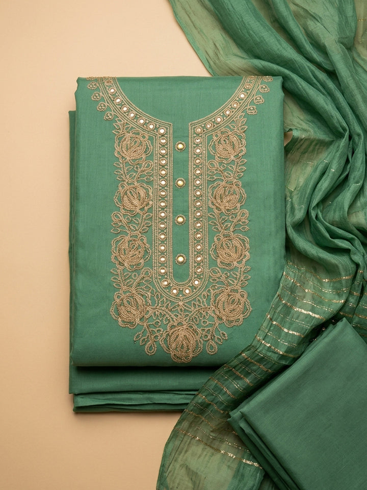 Green Embroidery Cotton Blend Unstitched Dress Material