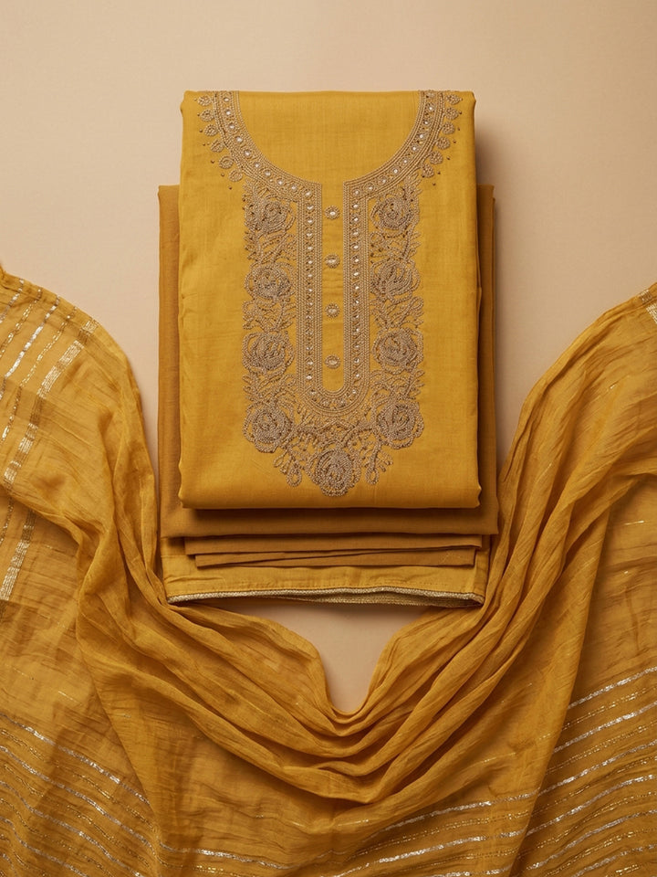 Mustard Embroidery Cotton Blend Unstitched Dress Material
