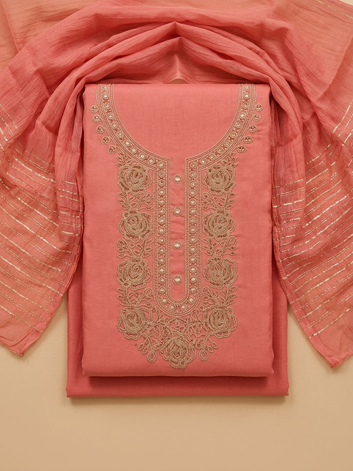 Peach Embroidery Cotton Blend Unstitched Dress Material