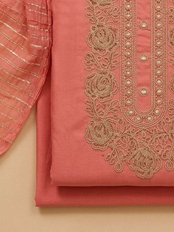 Peach Embroidery Cotton Blend Unstitched Dress Material