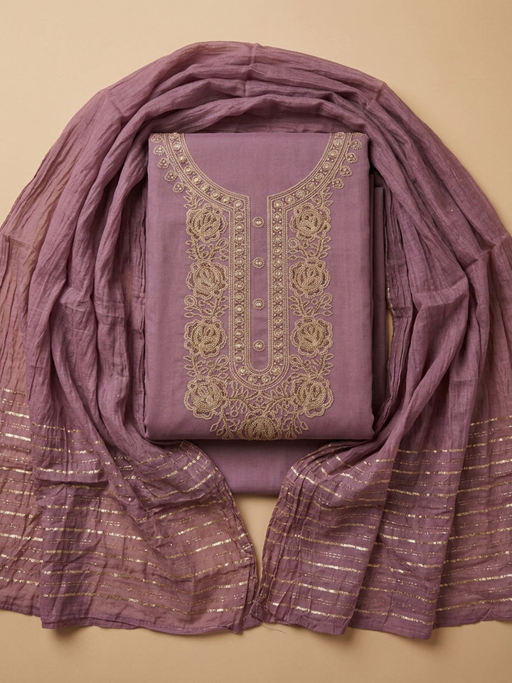 Purple Embroidery Cotton Blend Unstitched Dress Material
