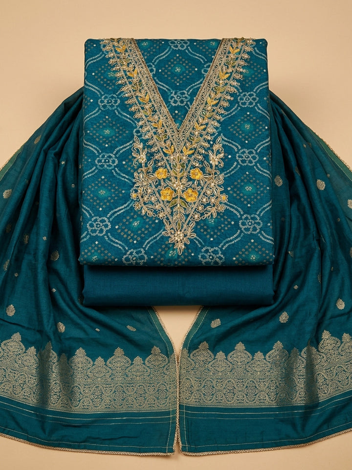 Blue Embroidery Cotton Blend Unstitched Dress Material