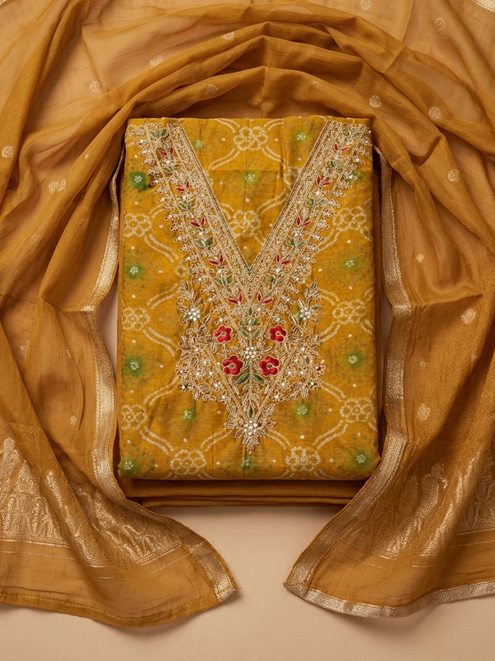 Mustard Embroidery Cotton Blend Unstitched Dress Material