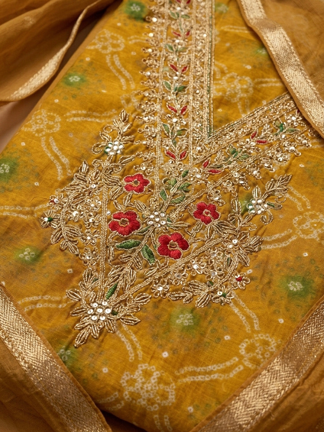 Mustard Embroidery Cotton Blend Unstitched Dress Material