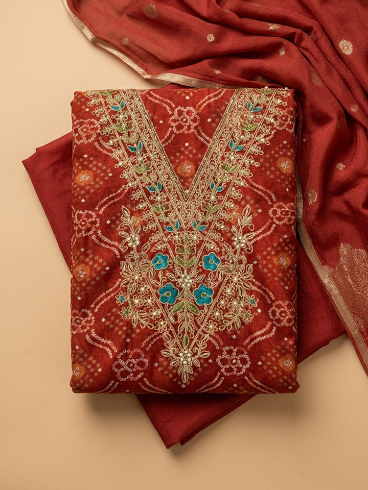 Red Embroidery Cotton Blend Unstitched Dress Material