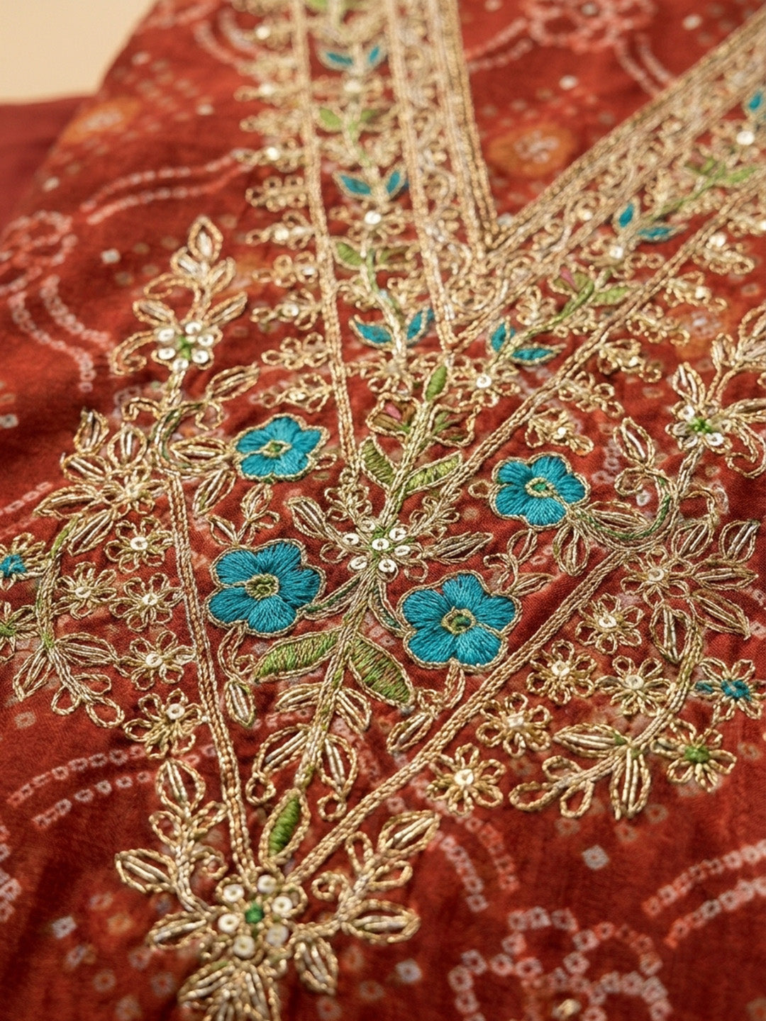 Red Embroidery Cotton Blend Unstitched Dress Material