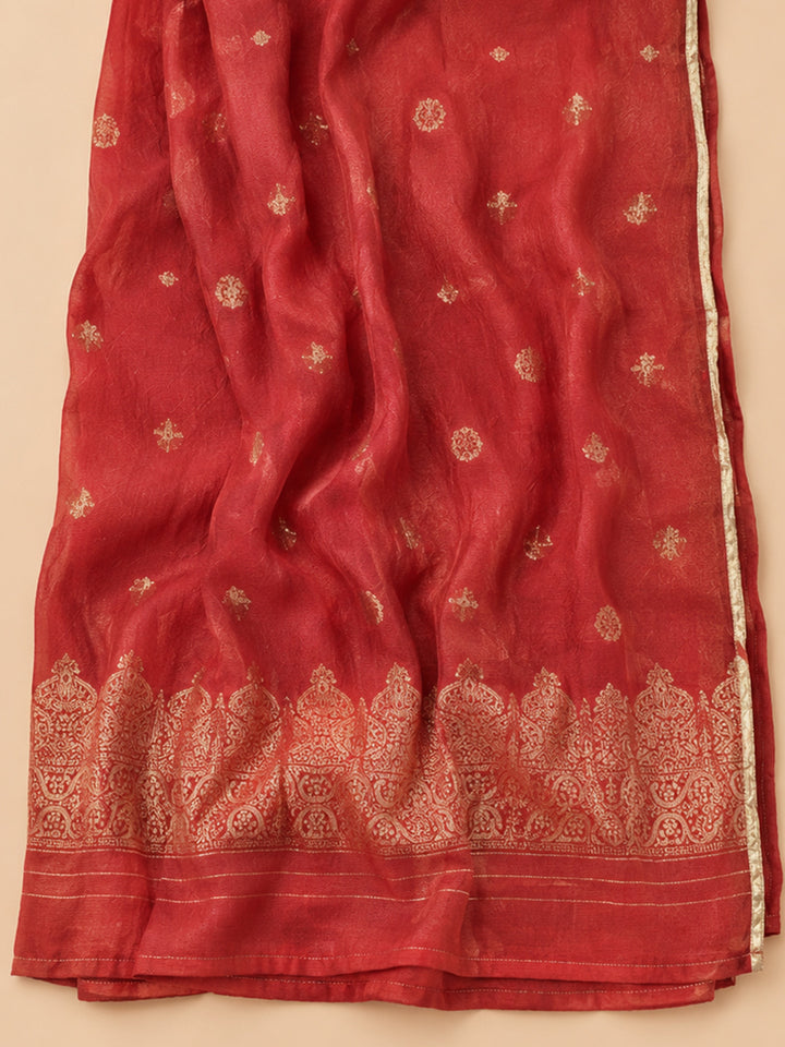 Red Embroidery Cotton Blend Unstitched Dress Material