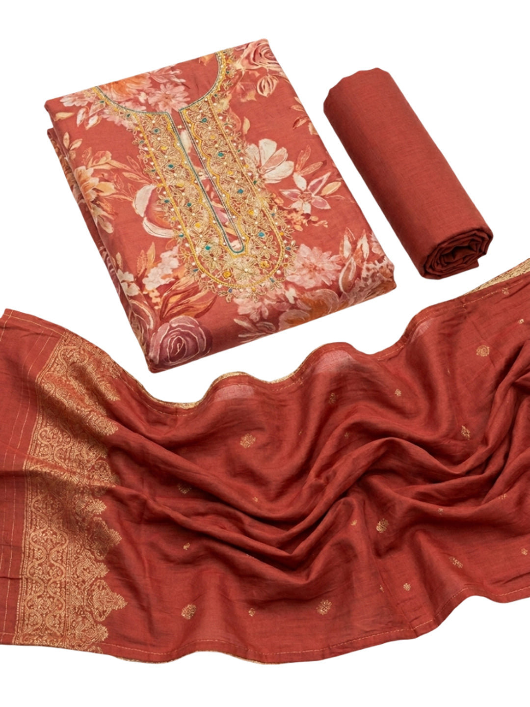 Red Embroidery Cotton Blend Unstitched Dress Material
