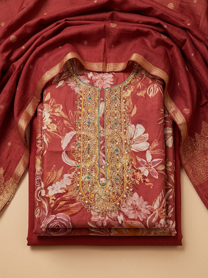 Red Embroidery Cotton Blend Unstitched Dress Material