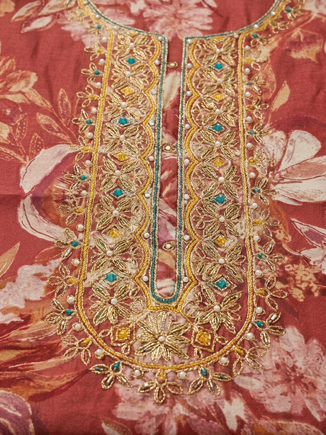 Red Embroidery Cotton Blend Unstitched Dress Material