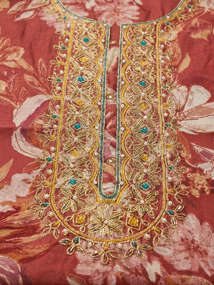 Red Embroidery Cotton Blend Unstitched Dress Material