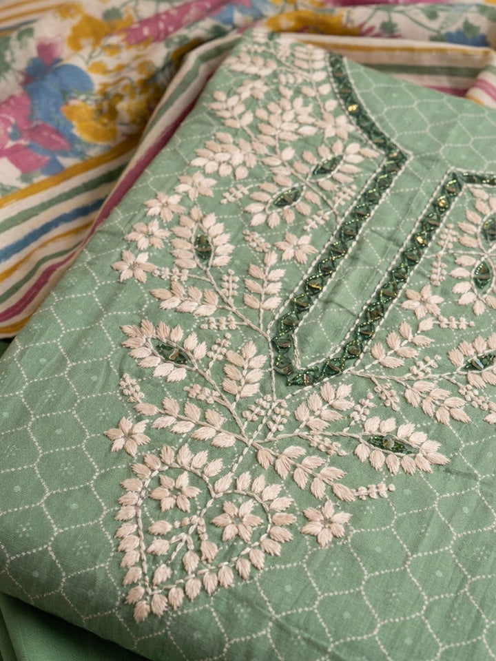 Aqua Green Embroidered Cotton Blend Unstitched Suit &amp; Pant With Cotton Dupatta