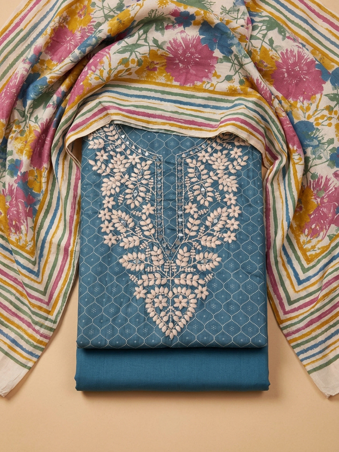 Blue Embroidered Cotton Blend Unstitched Suit &amp; Pant With Cotton Dupatta