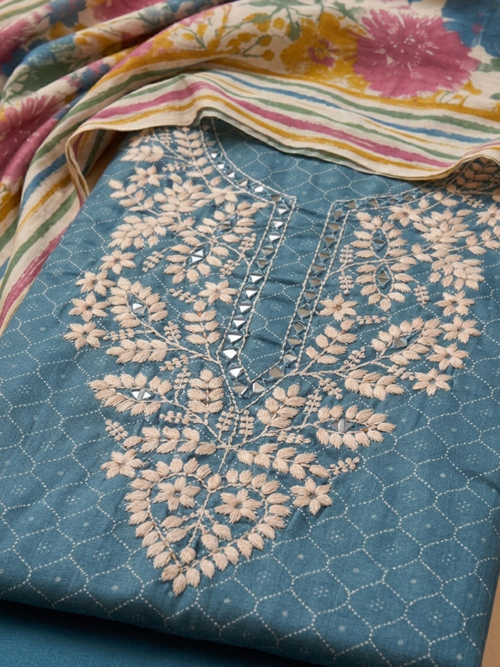 Blue Embroidered Cotton Blend Unstitched Suit &amp; Pant With Cotton Dupatta