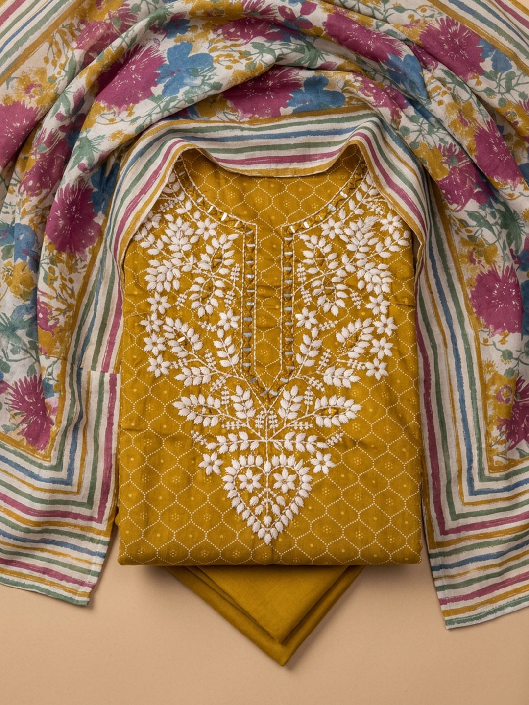 Mustard Embroidered Cotton Blend Unstitched Suit &amp; Pant With Cotton Dupatta