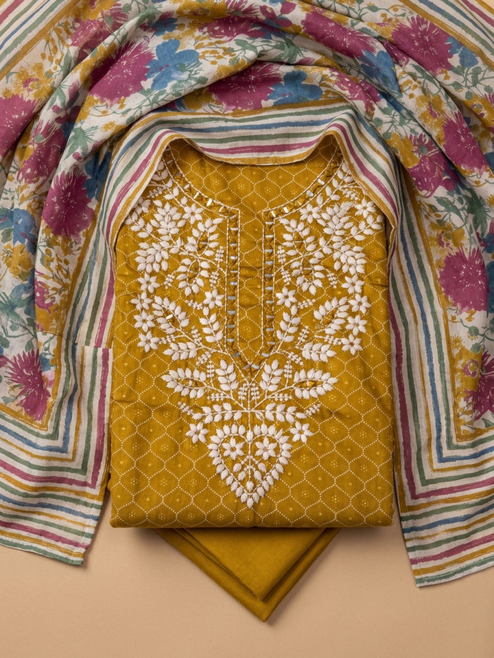 Mustard Embroidered Cotton Blend Unstitched Suit &amp; Pant With Cotton Dupatta