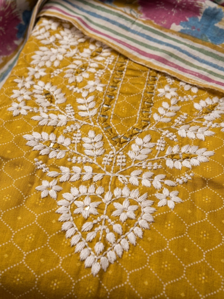 Mustard Embroidered Cotton Blend Unstitched Suit &amp; Pant With Cotton Dupatta