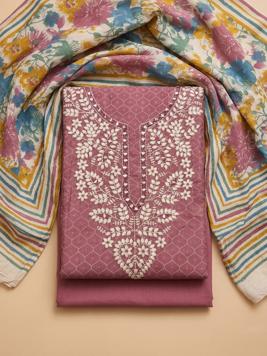 Onion Pink Embroidered Cotton Blend Unstitched Suit &amp; Pant With Cotton Dupatta
