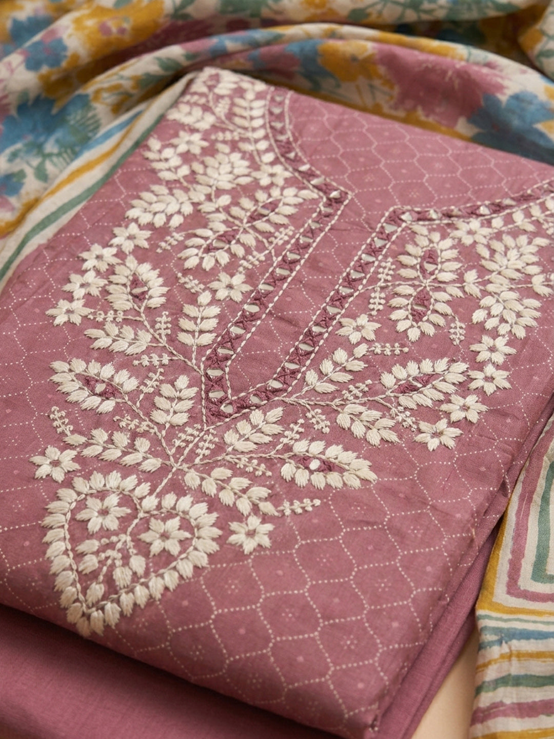 Onion Pink Embroidered Cotton Blend Unstitched Suit &amp; Pant With Cotton Dupatta