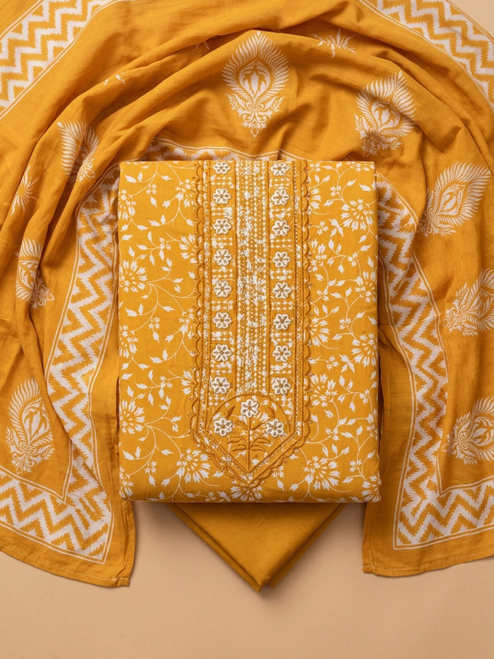 Mustard Printed Cotton Blend Unstitched Dress Material