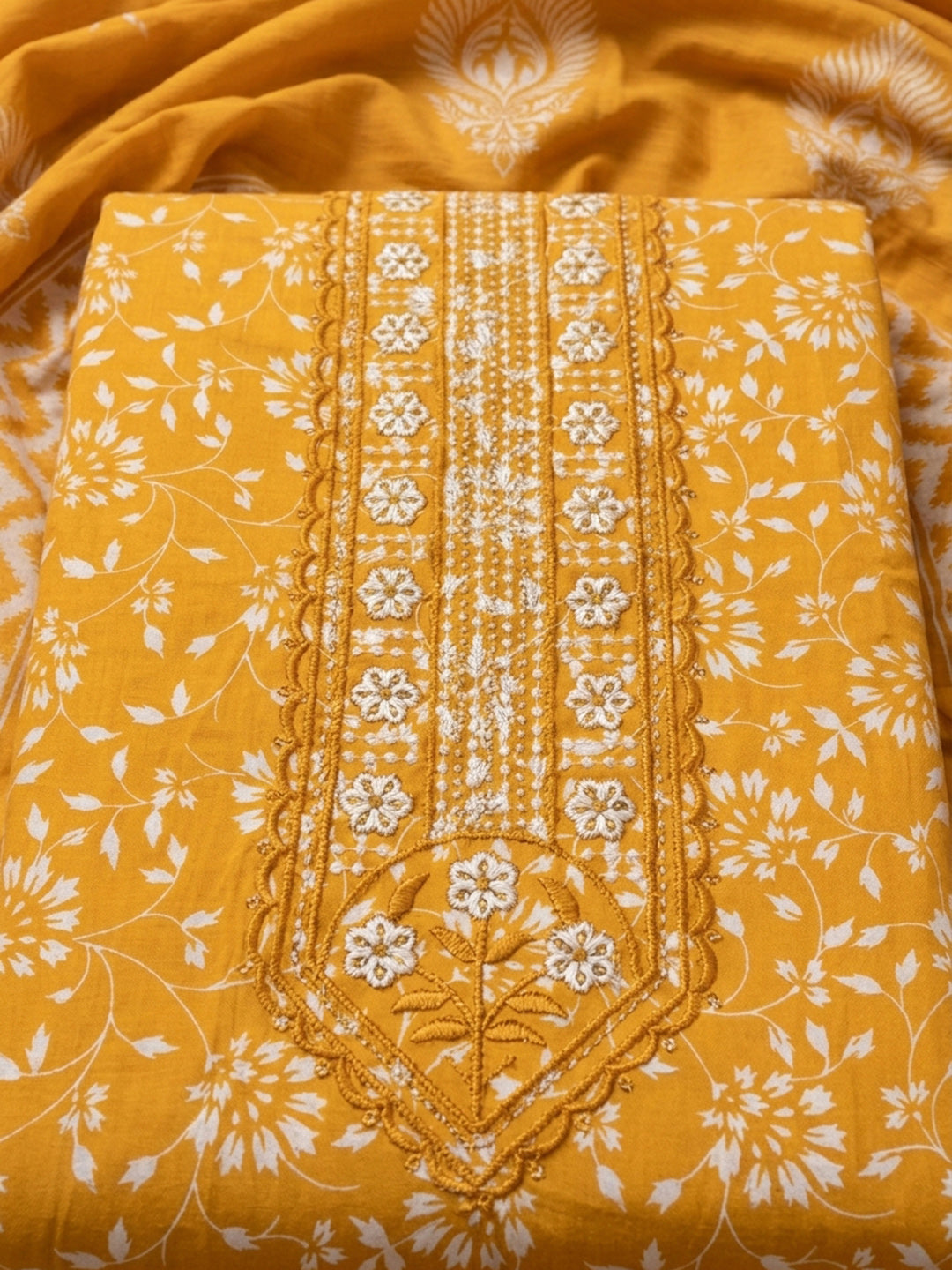 Mustard Printed Cotton Blend Unstitched Dress Material
