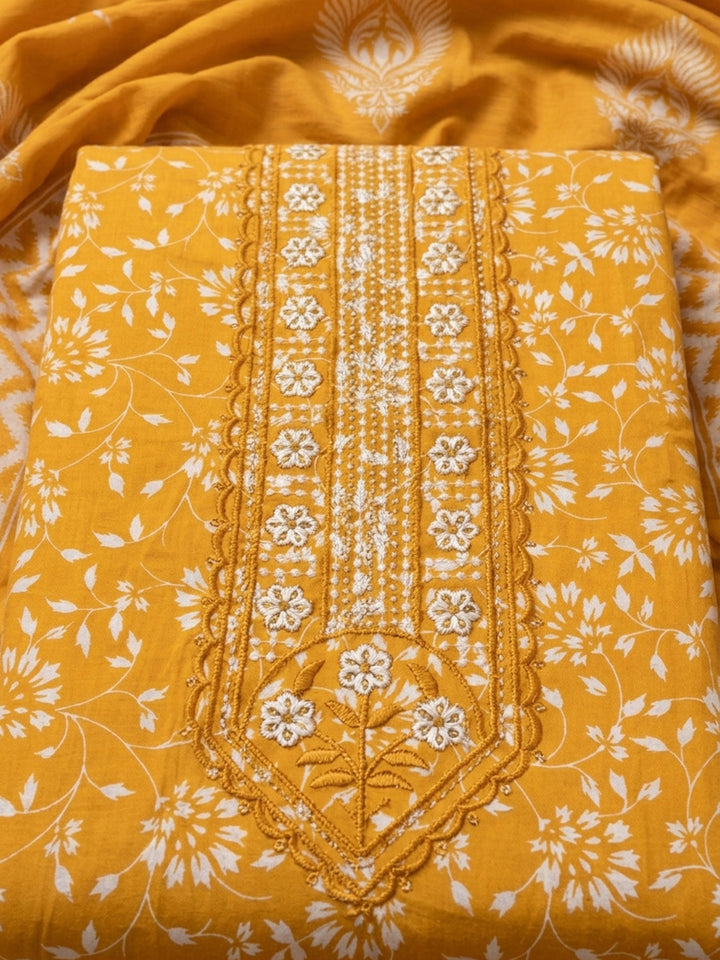 Mustard Printed Cotton Blend Unstitched Dress Material