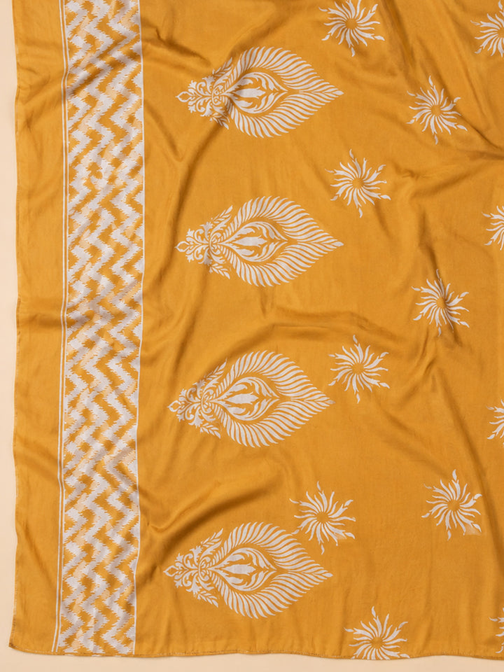 Mustard Printed Cotton Blend Unstitched Dress Material