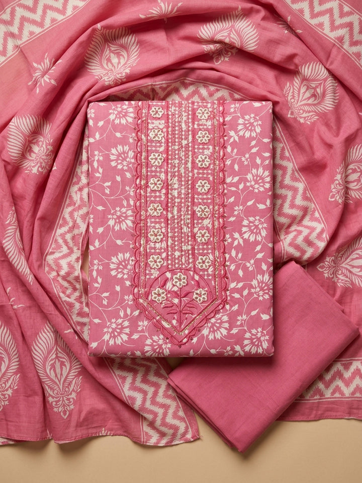 Pink Printed Cotton Blend Unstitched Dress Material