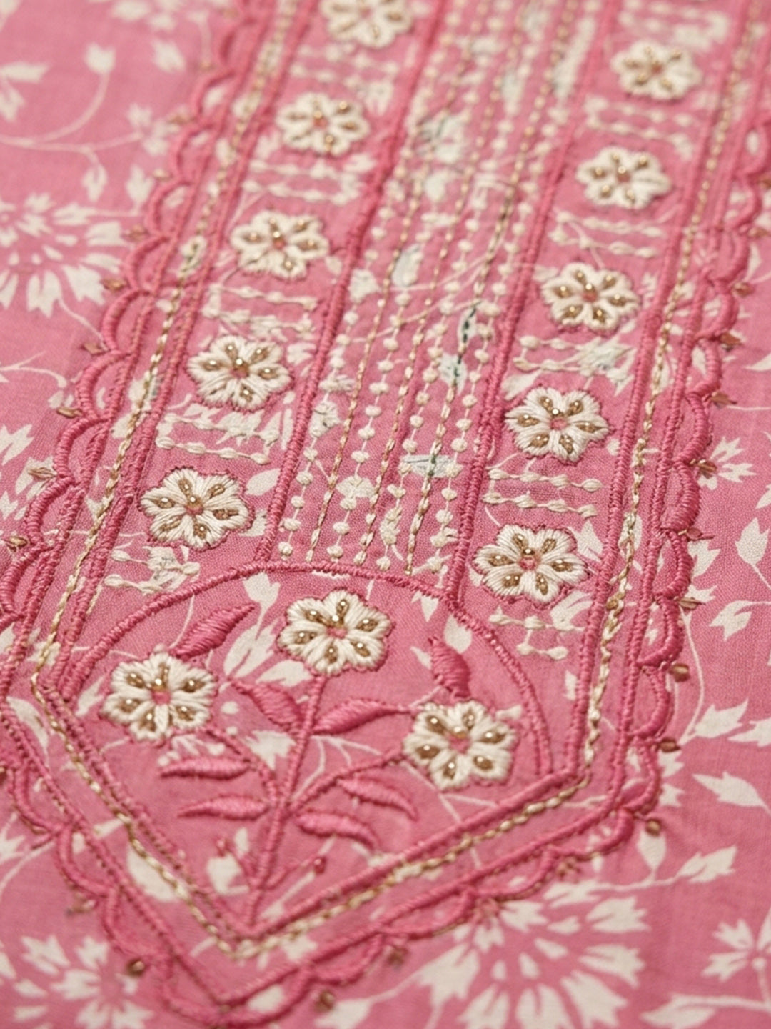 Pink Printed Cotton Blend Unstitched Dress Material