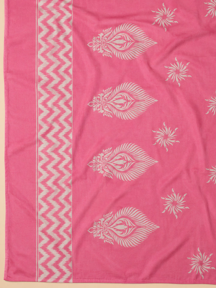 Pink Printed Cotton Blend Unstitched Dress Material