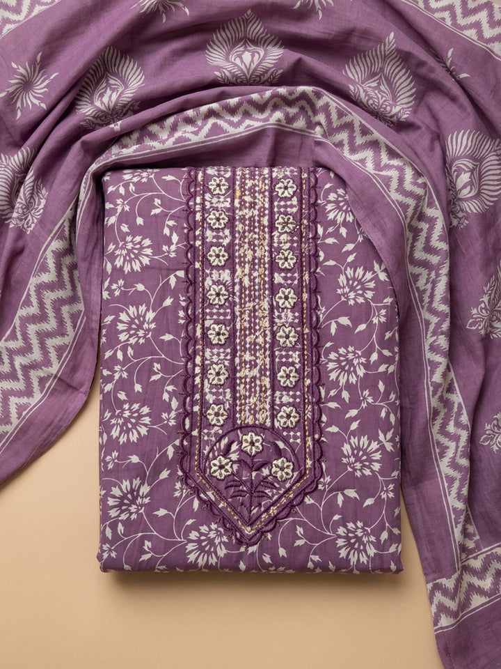 Purple Printed Cotton Blend Unstitched Dress Material
