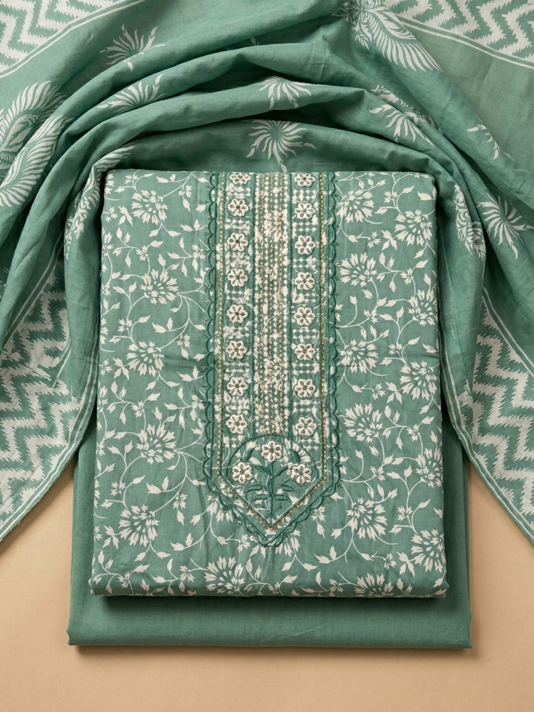 Rama Green Printed Cotton Blend Unstitched Dress Material