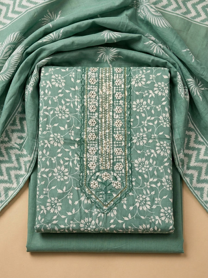Rama Green Printed Cotton Blend Unstitched Dress Material