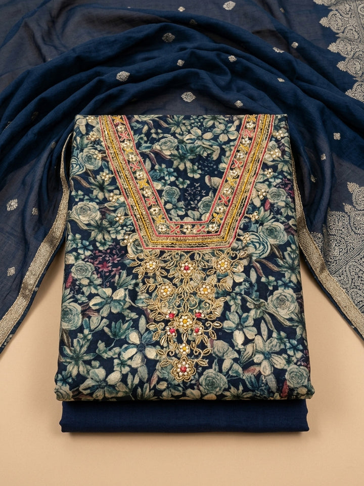 Blue Embroidery Cotton Blend Unstitched Dress Material